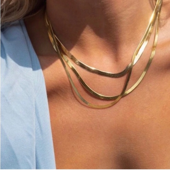 NEW 3MM GOLD STEEL HERRINGBONE SNAKE CHAIN CHOKER OMEGA NECKLACE - Picture 3 of 3